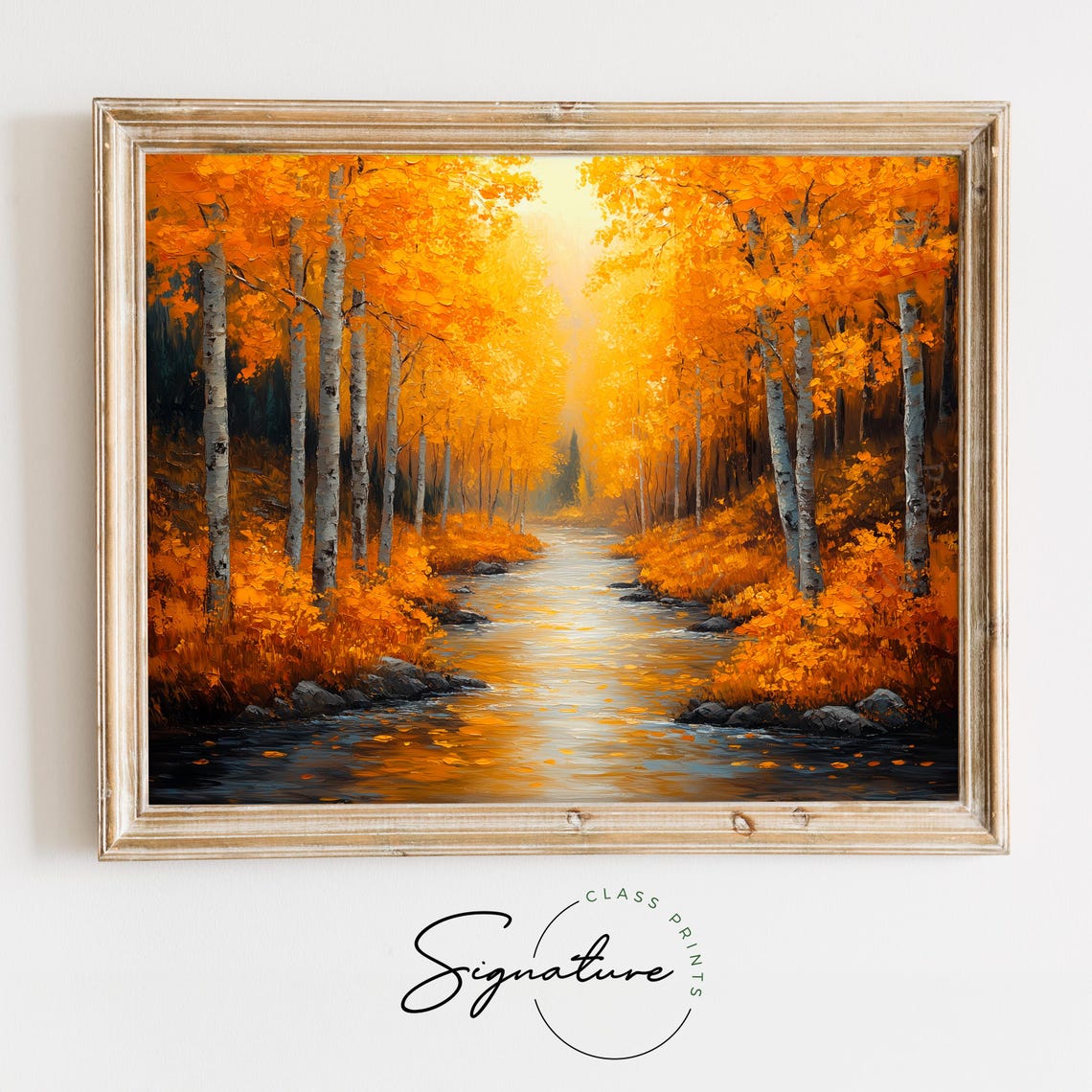 Autumn River Golden Birch Trees Glowing Fall Forest Landscape Wall Art