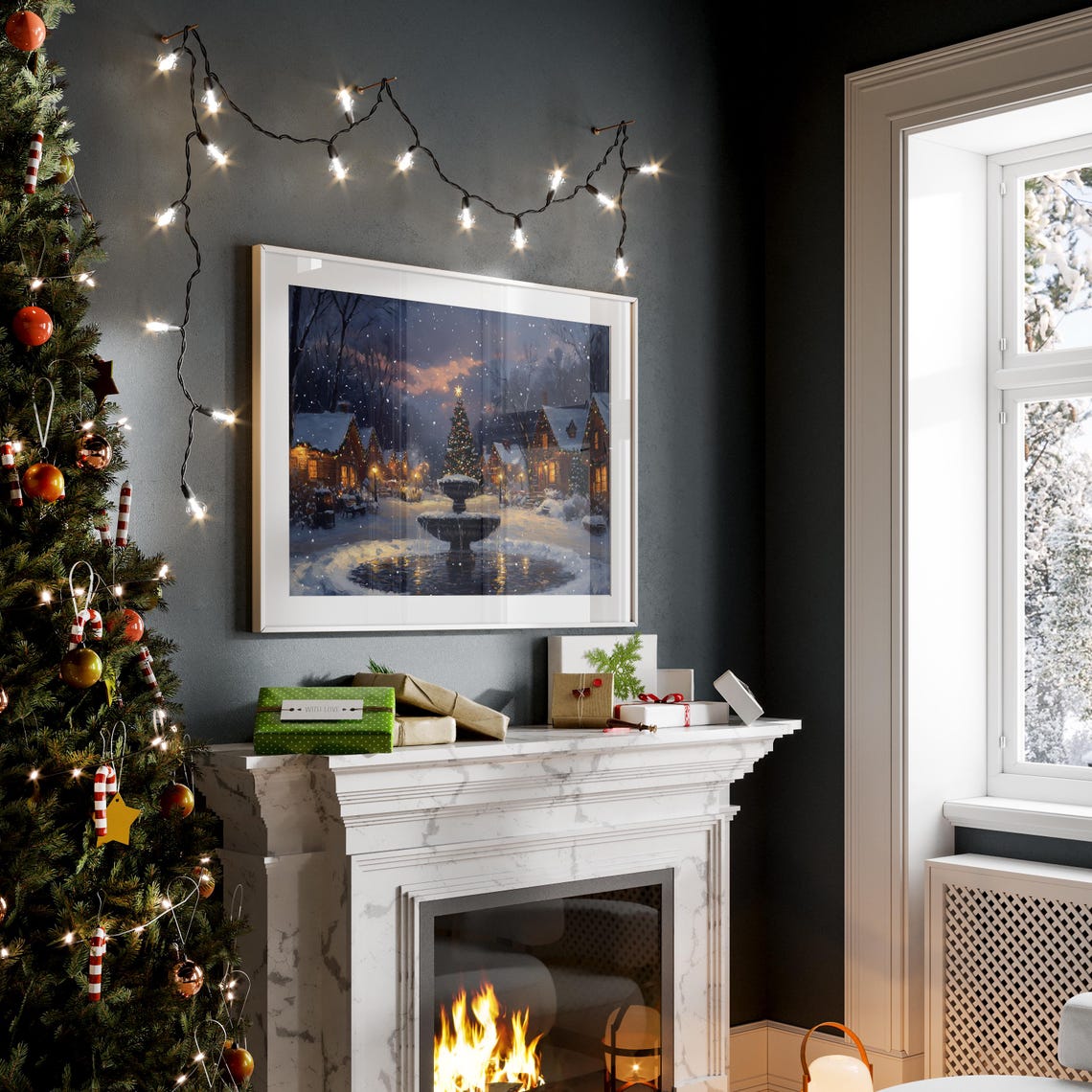 Snowy Village Square Night Fountain Christmas Tree Painting Poster - Image 4