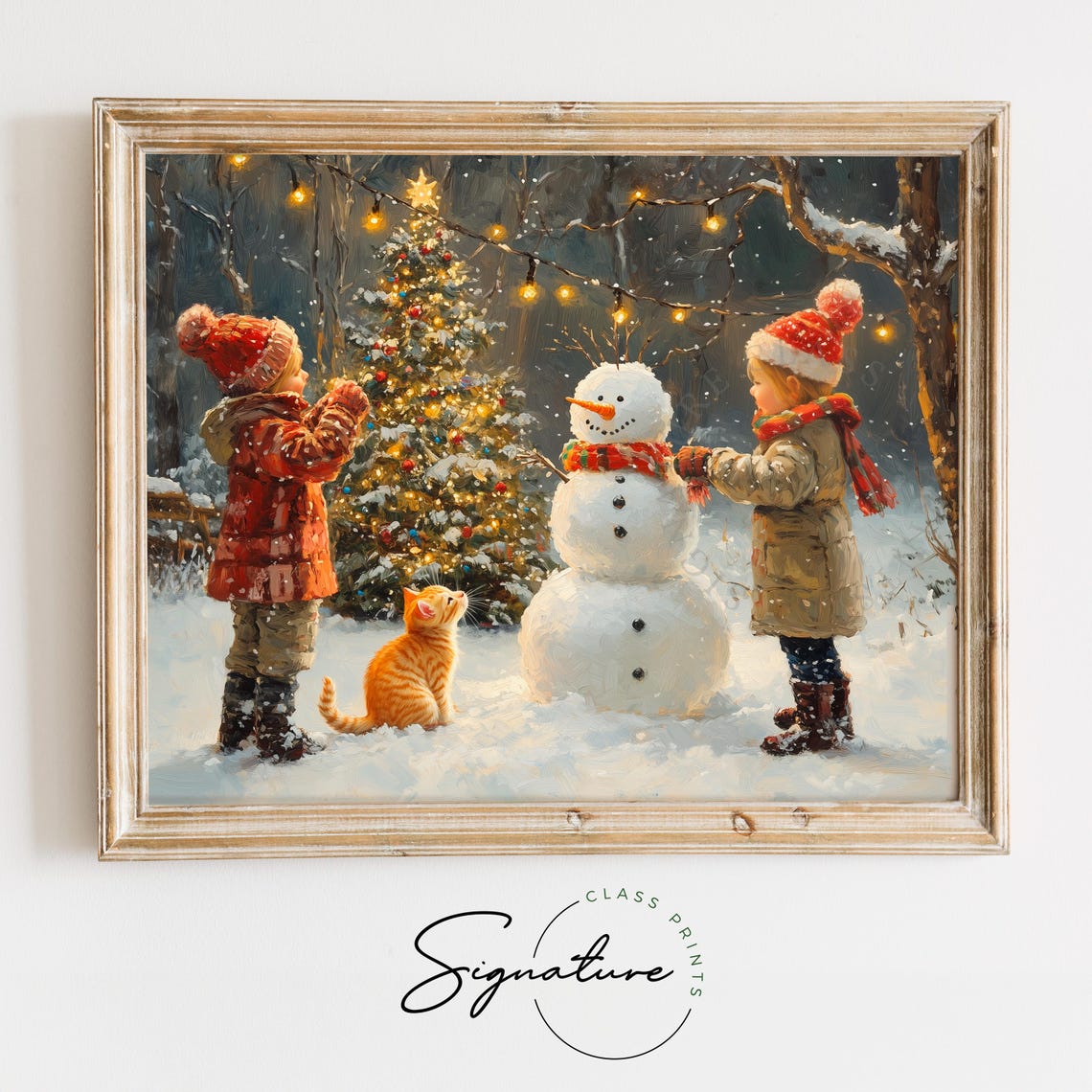 Children and Kitten With a Snowman by a Glowing Christmas Tree Poster