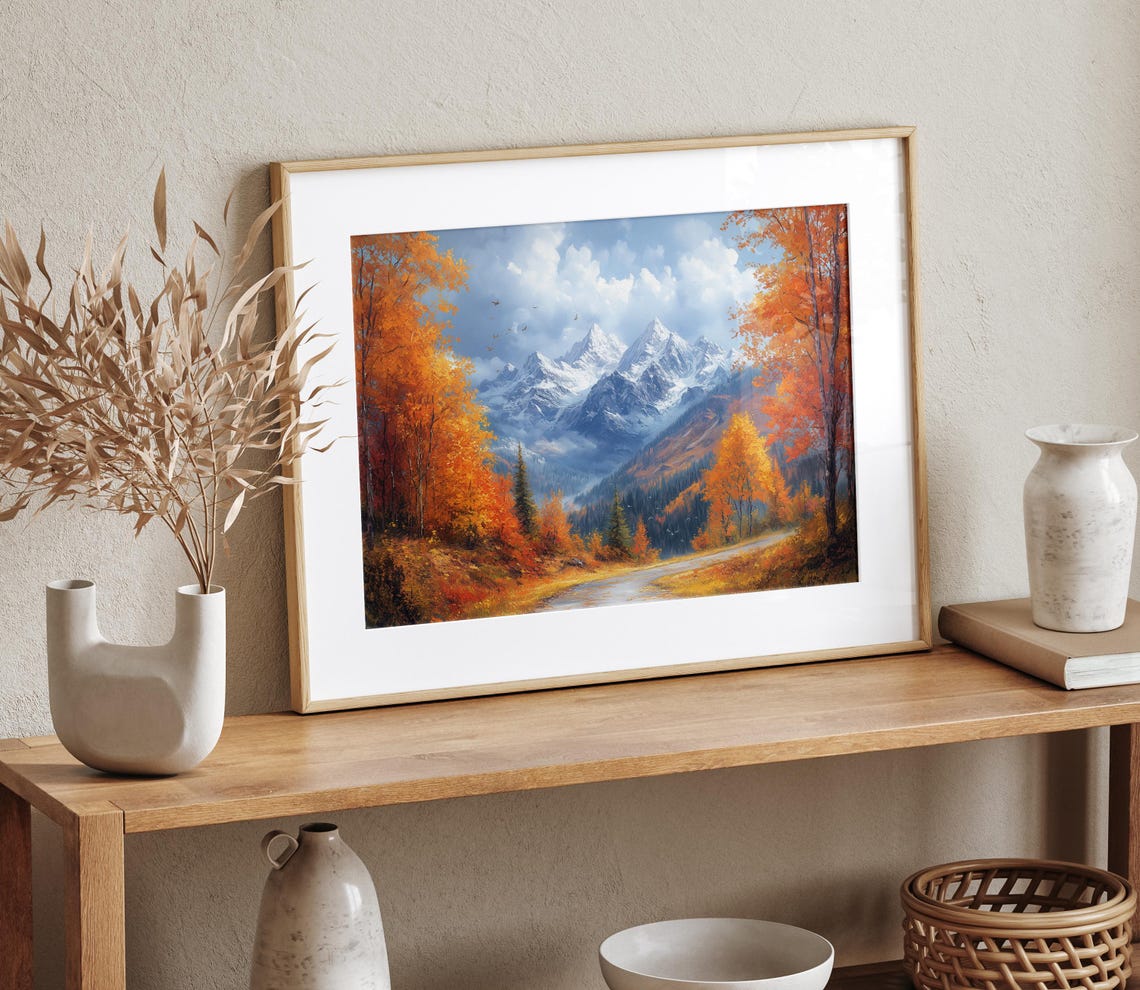 Autumn Road Snowy Mountain Peaks Flying Birds Oil Painting Poster - Image 4