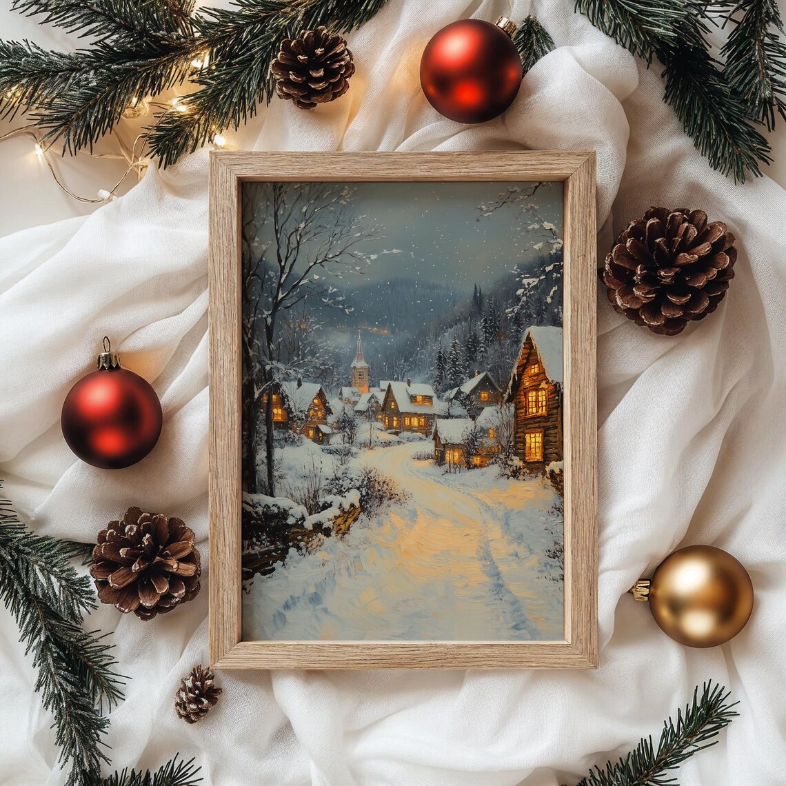 Winter Village Street With Falling Snow Art Print - Image 4