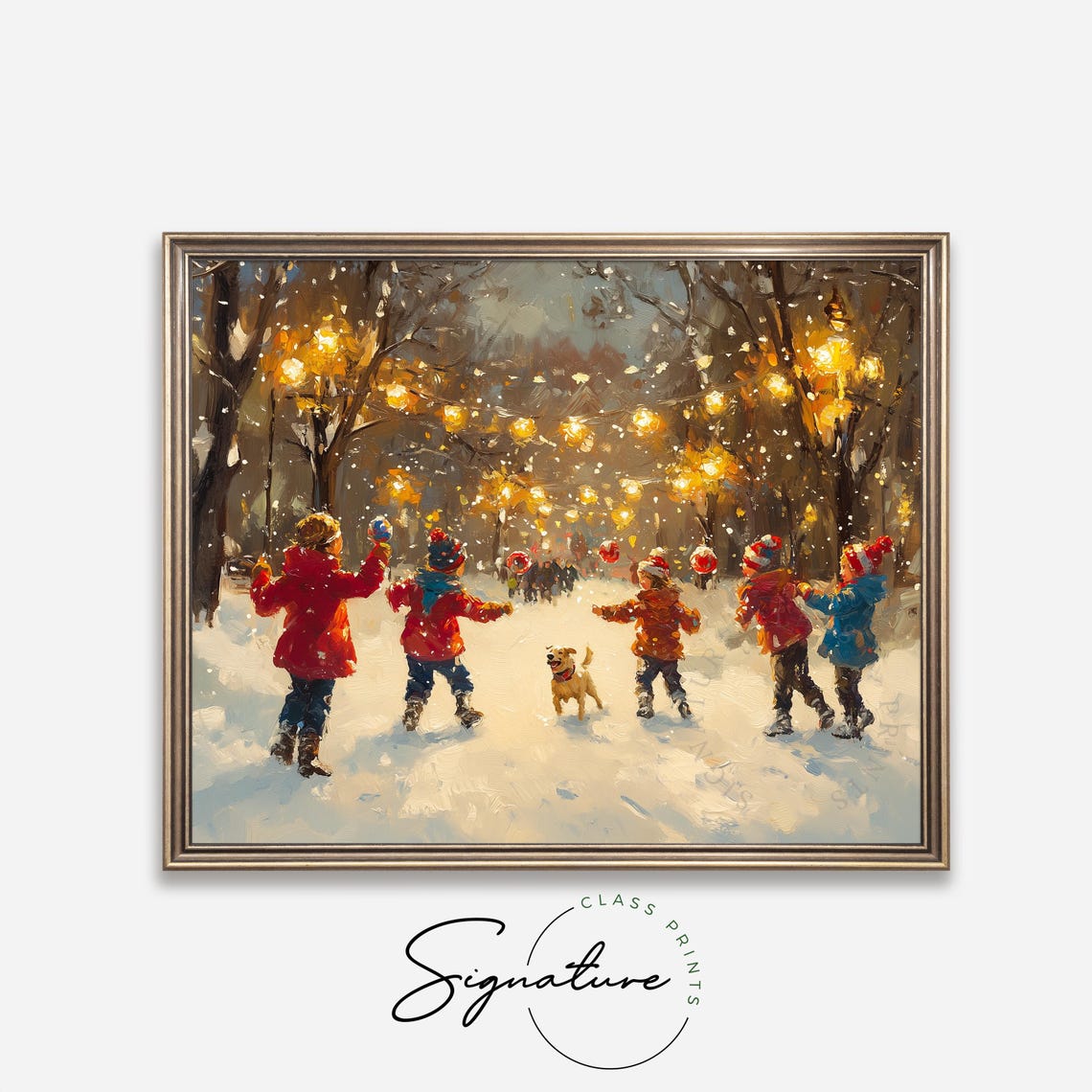 Children and Dog Playing in Snow Under Warm String Lights Poster - Image 4