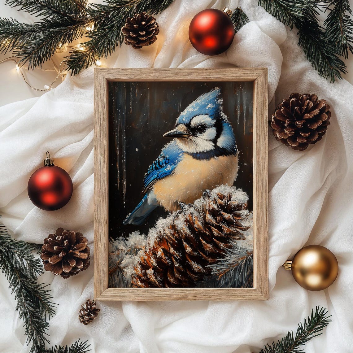 Blue Jay Perched On Snowy Pinecone Dark Winter Bird Portrait Poster - Image 4