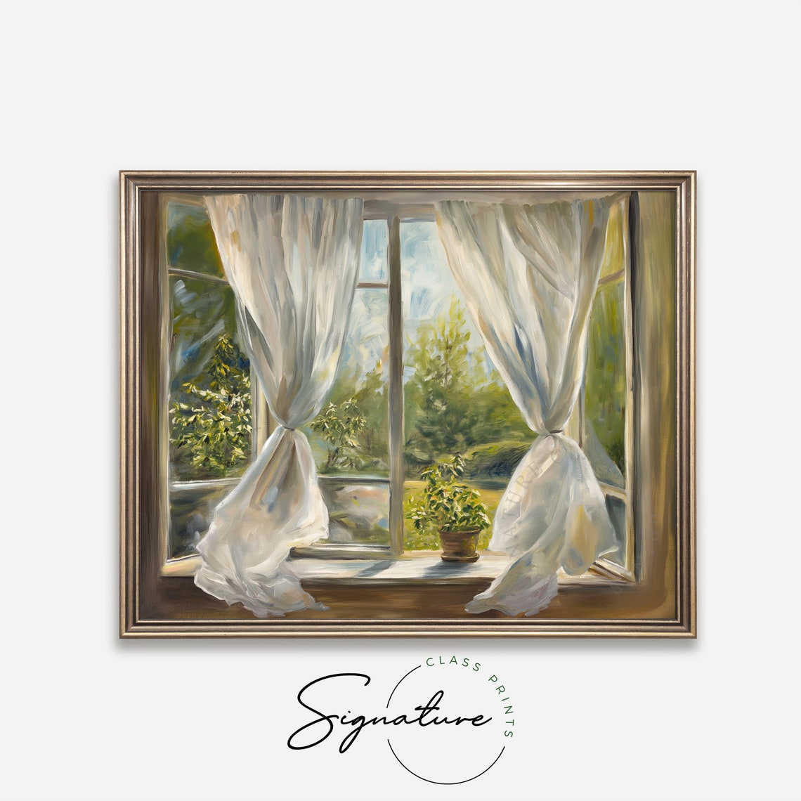 Sunlit Window Sheer Curtains Potted Plant Cozy Interior Poster - Image 4