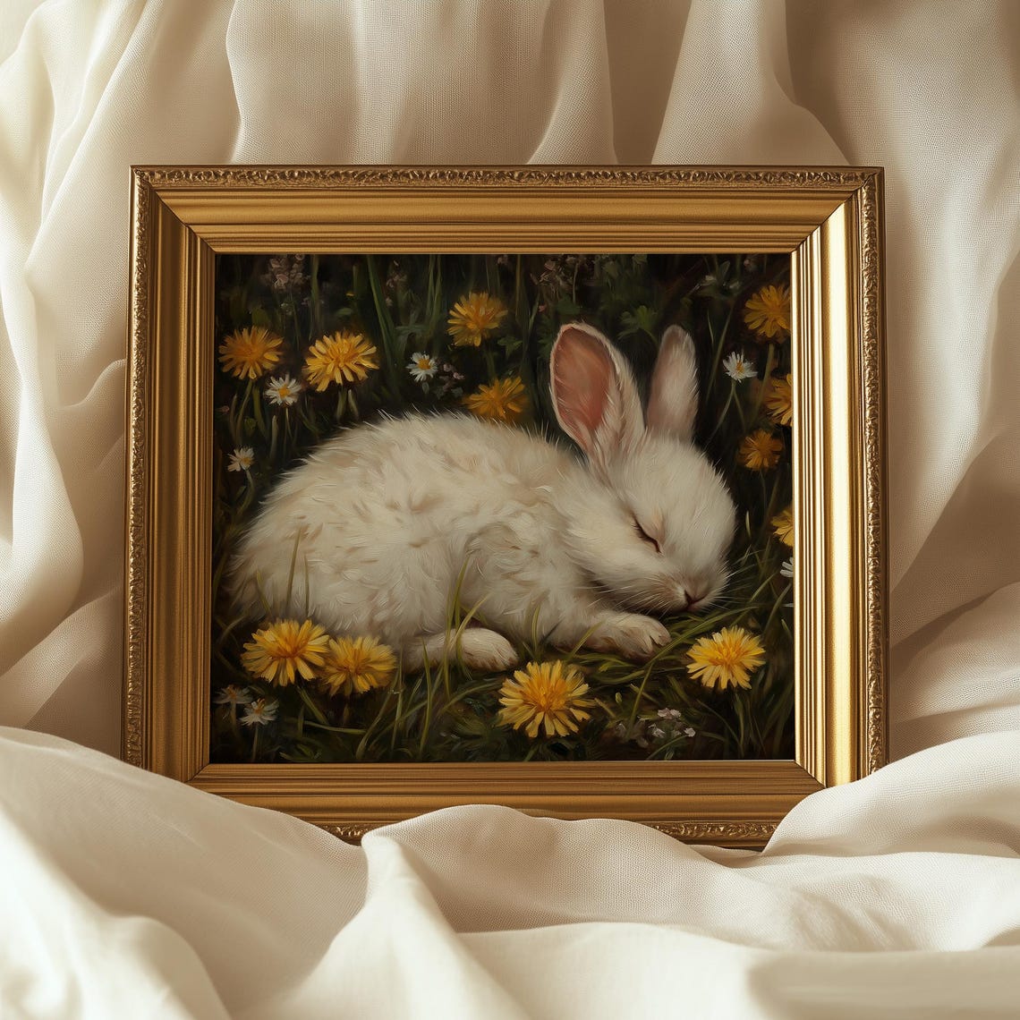 Sleeping White Bunny in Dandelion Meadow Dreamy Spring Art Poster - Image 5