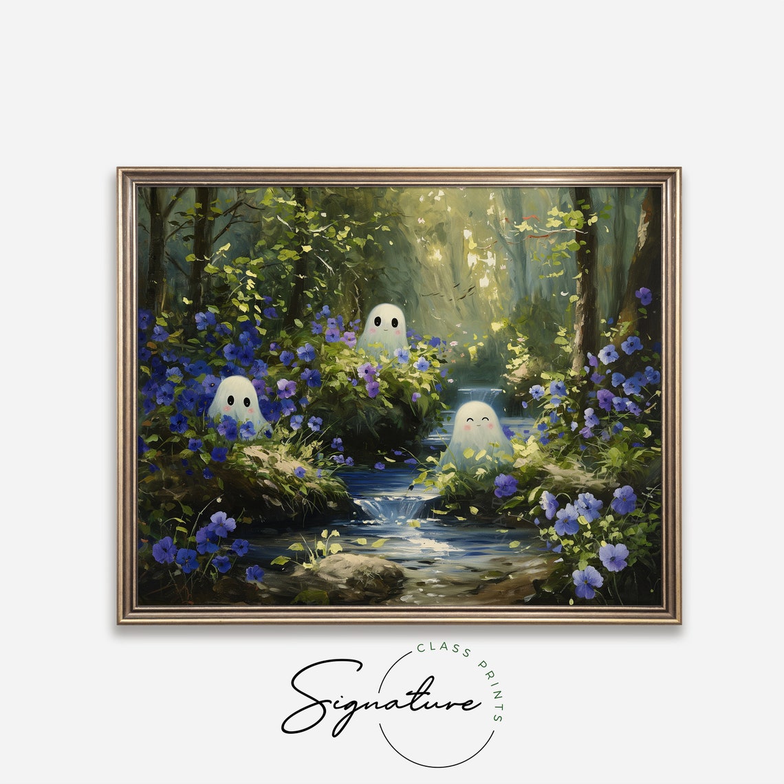 Cute Ghosts With Purple Flowers Painting Adorable Ghosts Discovering Delicate Flowers Whimsical Nature Decor Fall Wall Art 1039 - Image 4