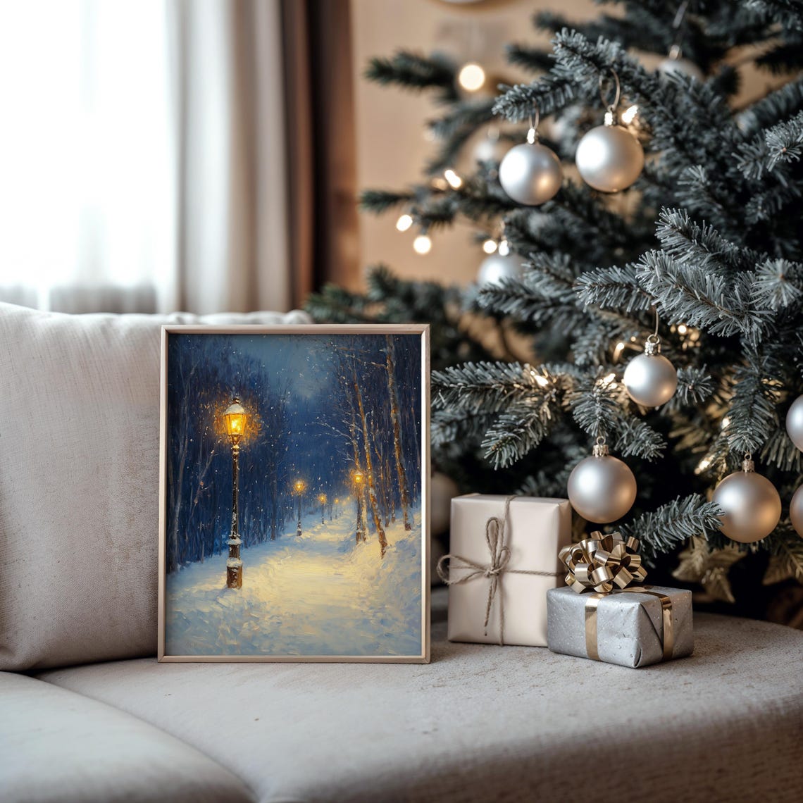 Snowy Night Park Path with Glowing Lampposts and Falling Snow Poster - Image 5