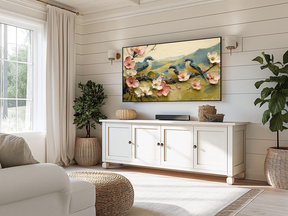 Three Bluebirds On White Dogwood Blossoms Impasto Art Poster - Image 3