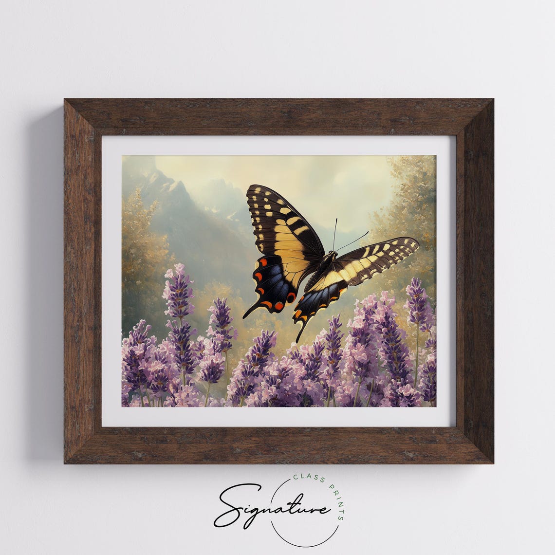 Tiger Swallowtail Butterfly Over Lavender Field Mountains Poster - Image 3