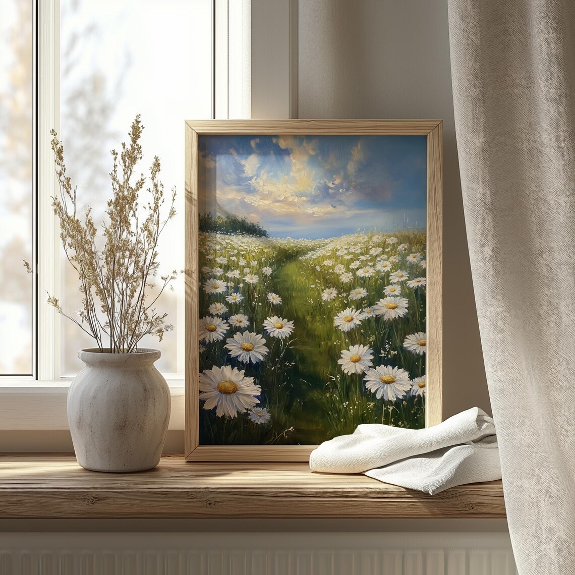 Endless Daisy Field Under Blue Sky Spring Meadow Landscape Painting Poster - Image 4