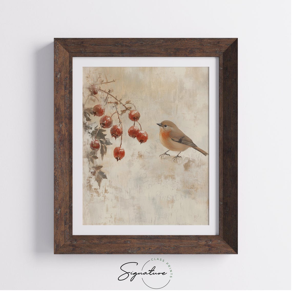 Robin with Red Rose Hip Berries Vintage Winter Bird Scene Poster - Image 3