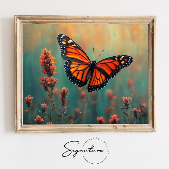 Sunlit Monarch Butterfly Over Orange Blooms Warm Summer Garden Poster