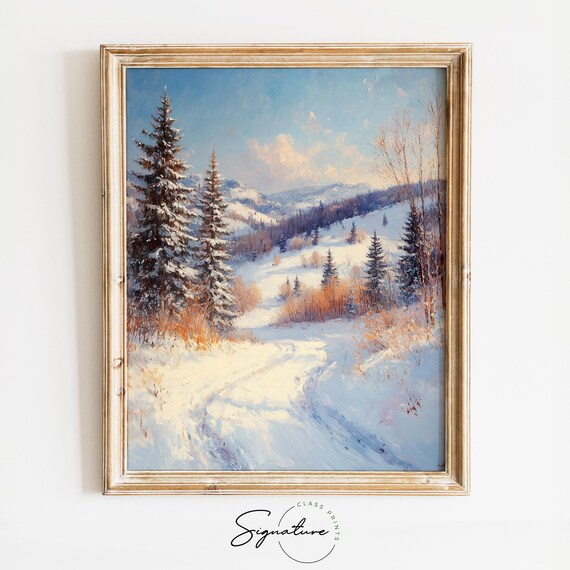 Sunny Winter Mountain Valley with Tall Pines under Blue Sky Poster
