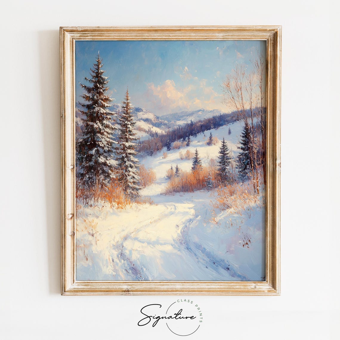 Sunny Winter Mountain Valley with Tall Pines under Blue Sky Poster