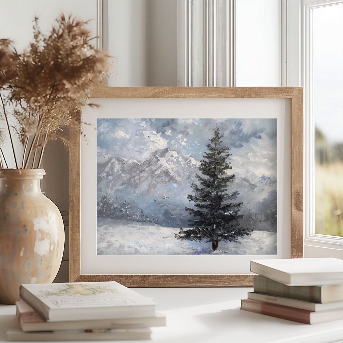 Dark Evergreen Spruce Beneath Stormy Winter Sky Snowy Field Poster - Image 2