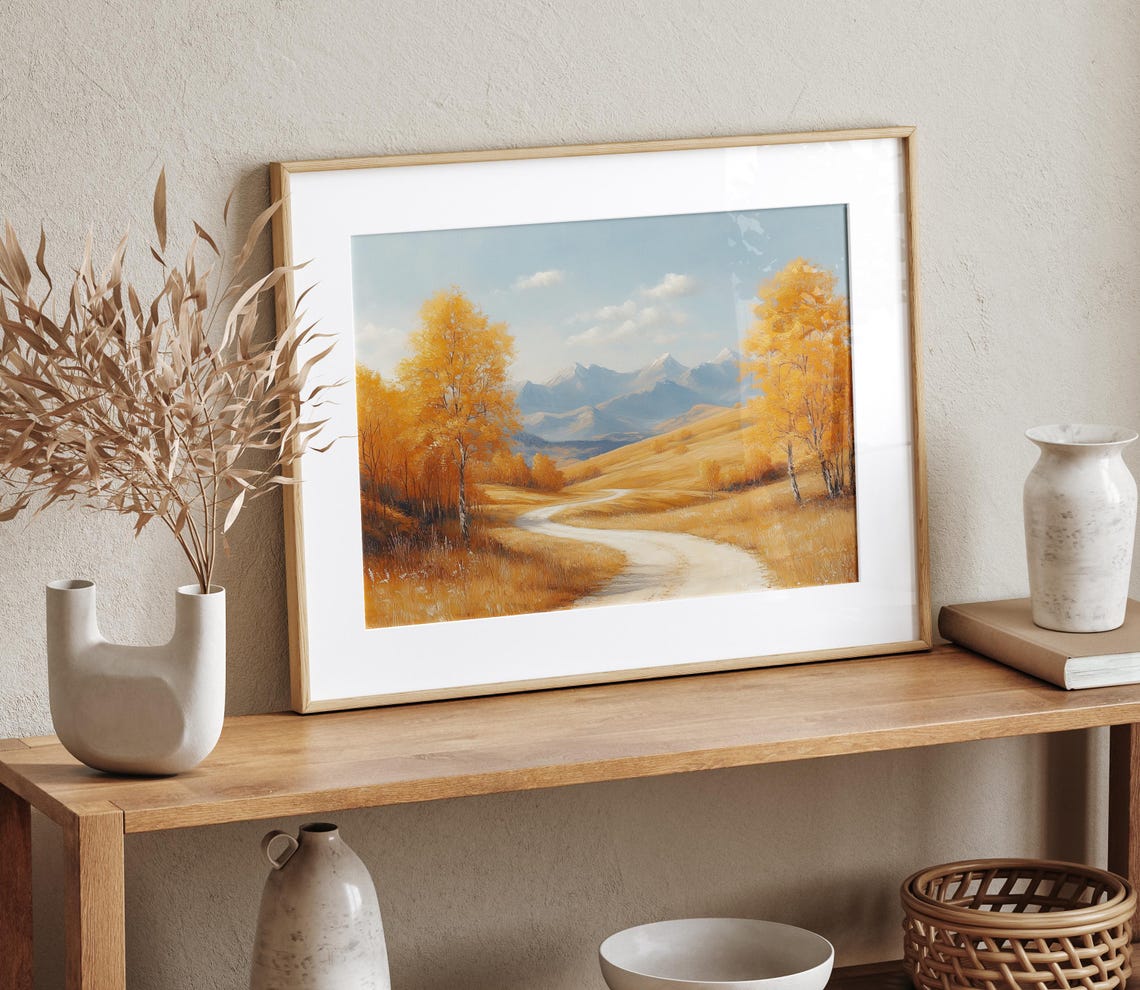 Winding Dirt Road Through Golden Autumn Hills to Mountains Poster - Image 4