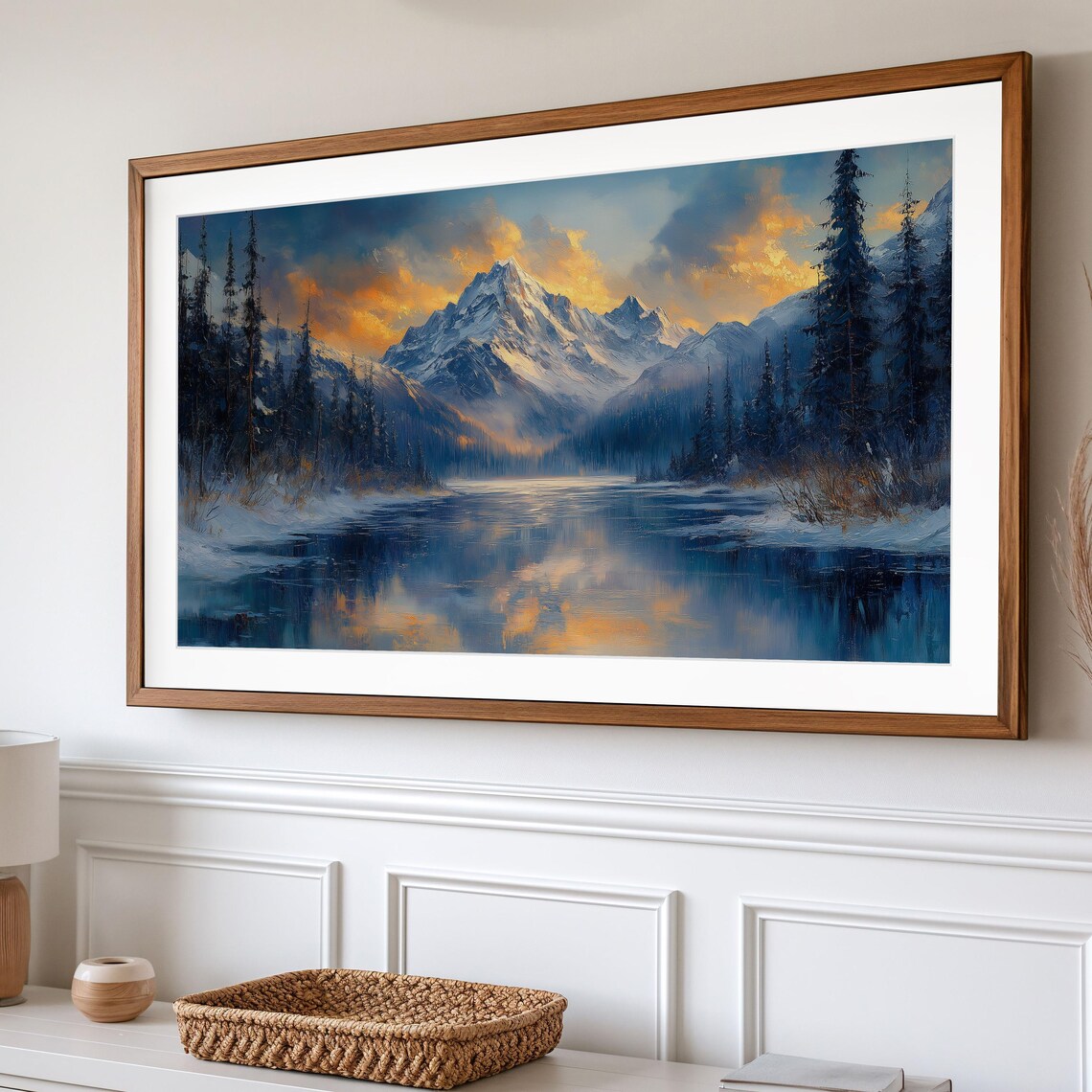 Majestic Snowy Mountain Golden Sunset Lake Reflection Dramatic Clouds Poster - Image 2