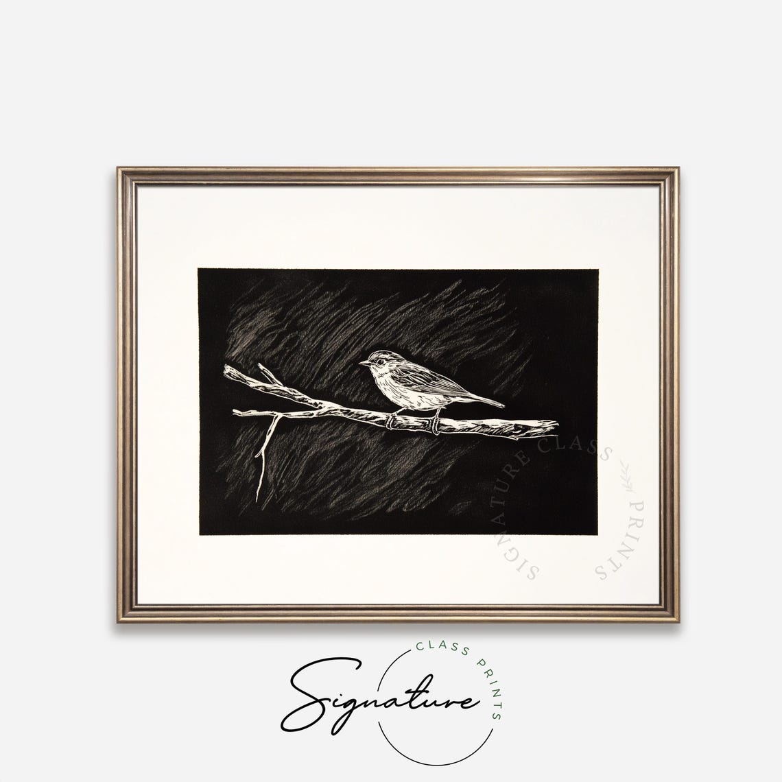 Songbird On Branch White On Black Textured Night Sky Art Poster - Image 4