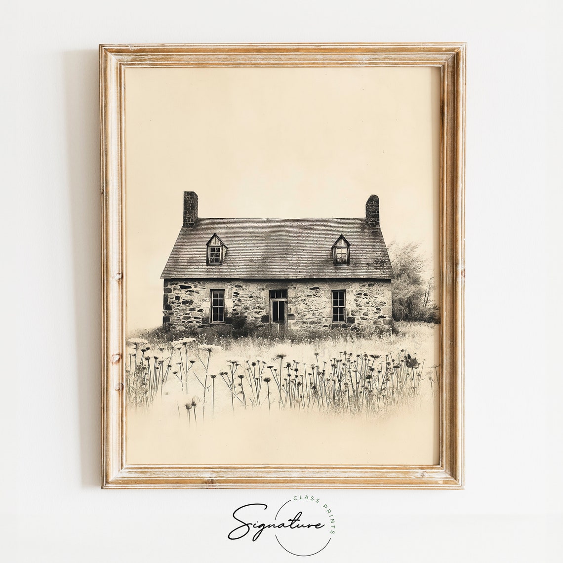 Old Stone Cottage In Wildflower Field Rustic Farmhouse Sketch Poster
