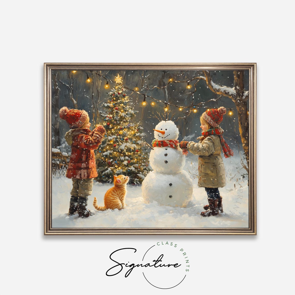 Children Building a Snowman With a Kitten by a Christmas Tree Poster - Image 4