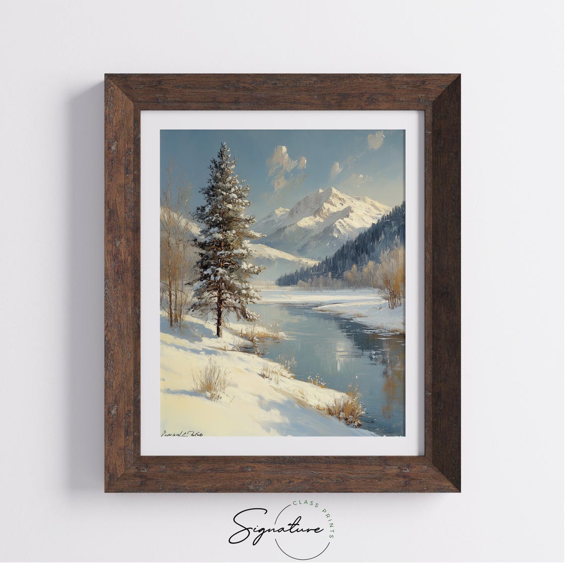 Lone Snowy Pine by Calm River with Mountains Winter Day Poster - Image 3
