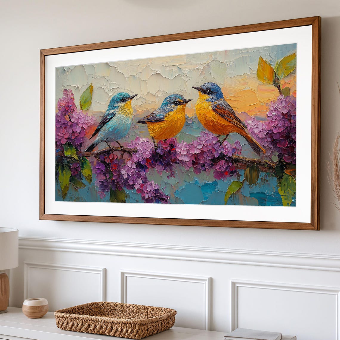 Blooming Spring Warblers On Lilac Impasto Bird Frame Art Print - Image 2