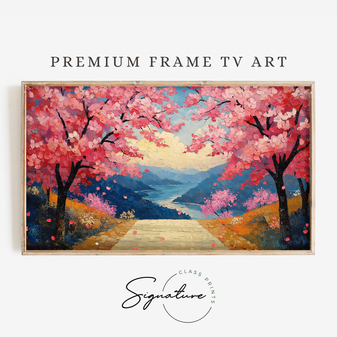 Cherry Blossom Path Overlooking Mountain Lake Impasto Art Poster