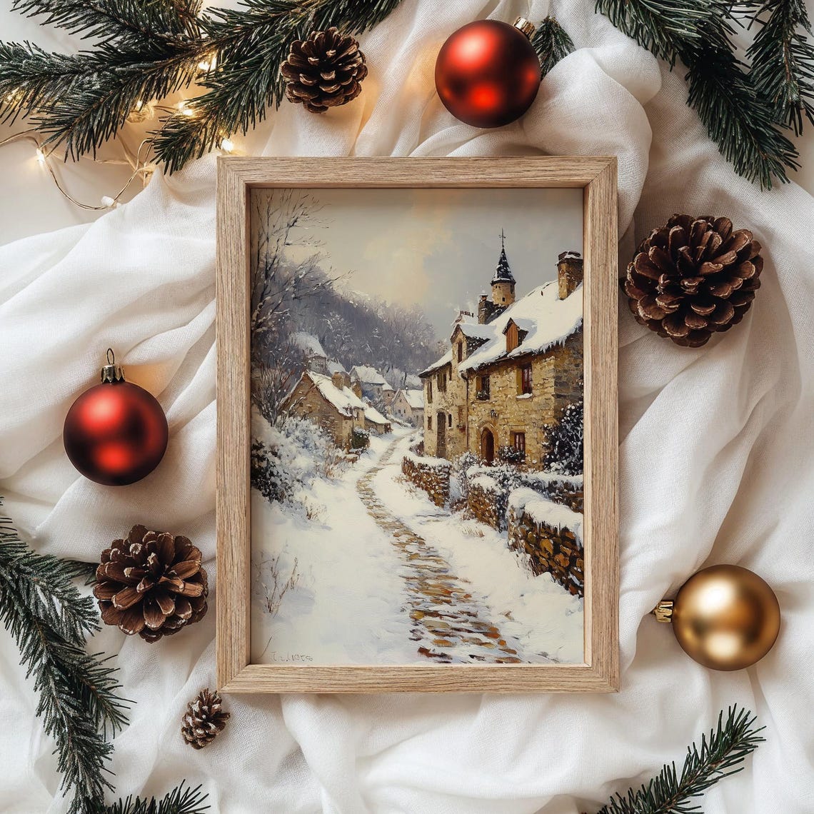 Snowy Cobblestone Path Through Old Village Winter Scene Poster - Image 4