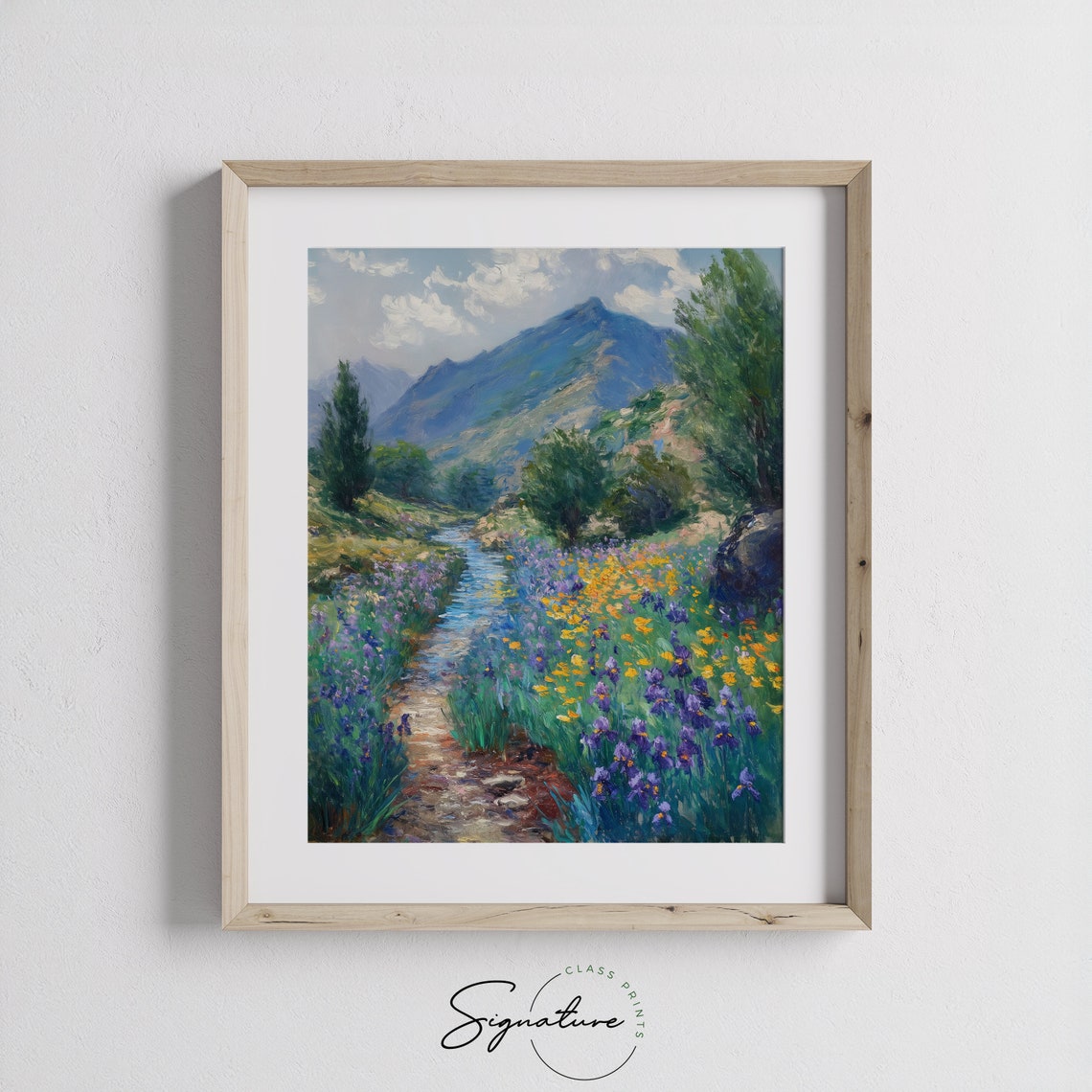 Purple Iris Field Winding Stream Blue Alpine Mountain Poster - Image 3