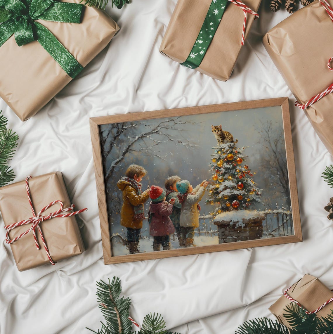 Children Decorating A Snowy Outdoor Christmas Tree With Kitten Poster - Image 2