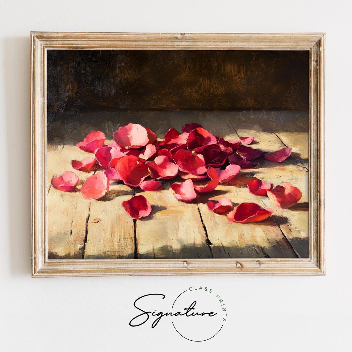 Scattered Rose Petals on Rustic Wood Romantic Oil Painting Art Print