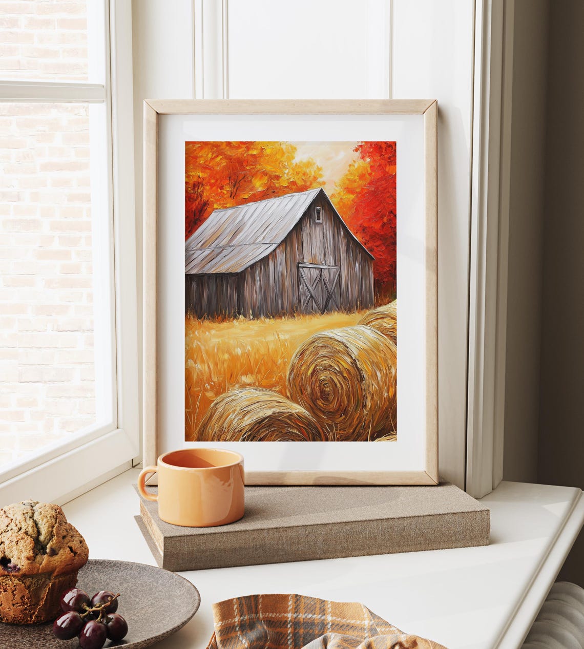 Weathered Barn Metal Roof Hay Bales Fiery Autumn Trees Poster - Image 6