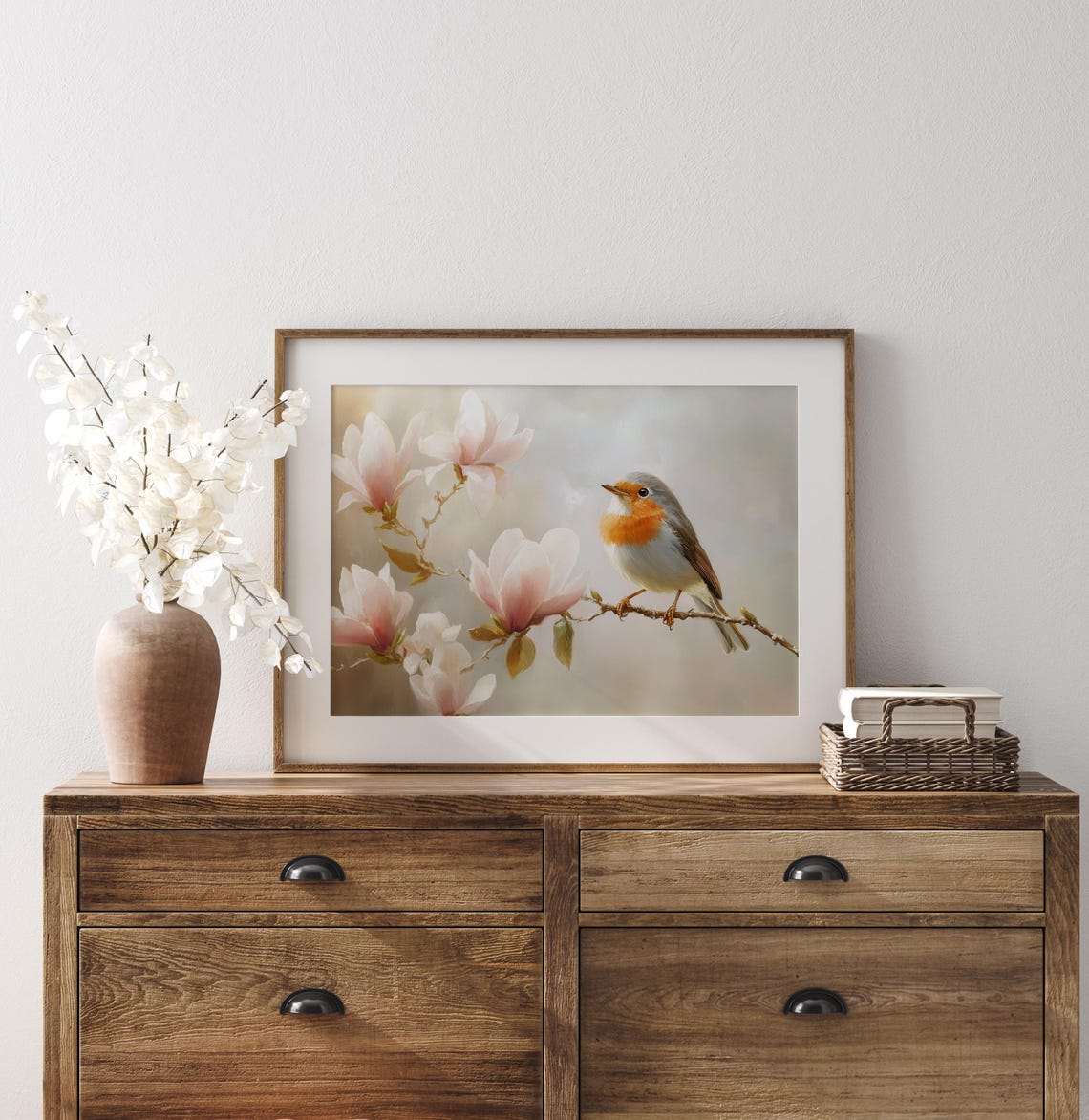 Robin Perched On Magnolia Branch With Soft Pink Blooms Wall Art - Image 2