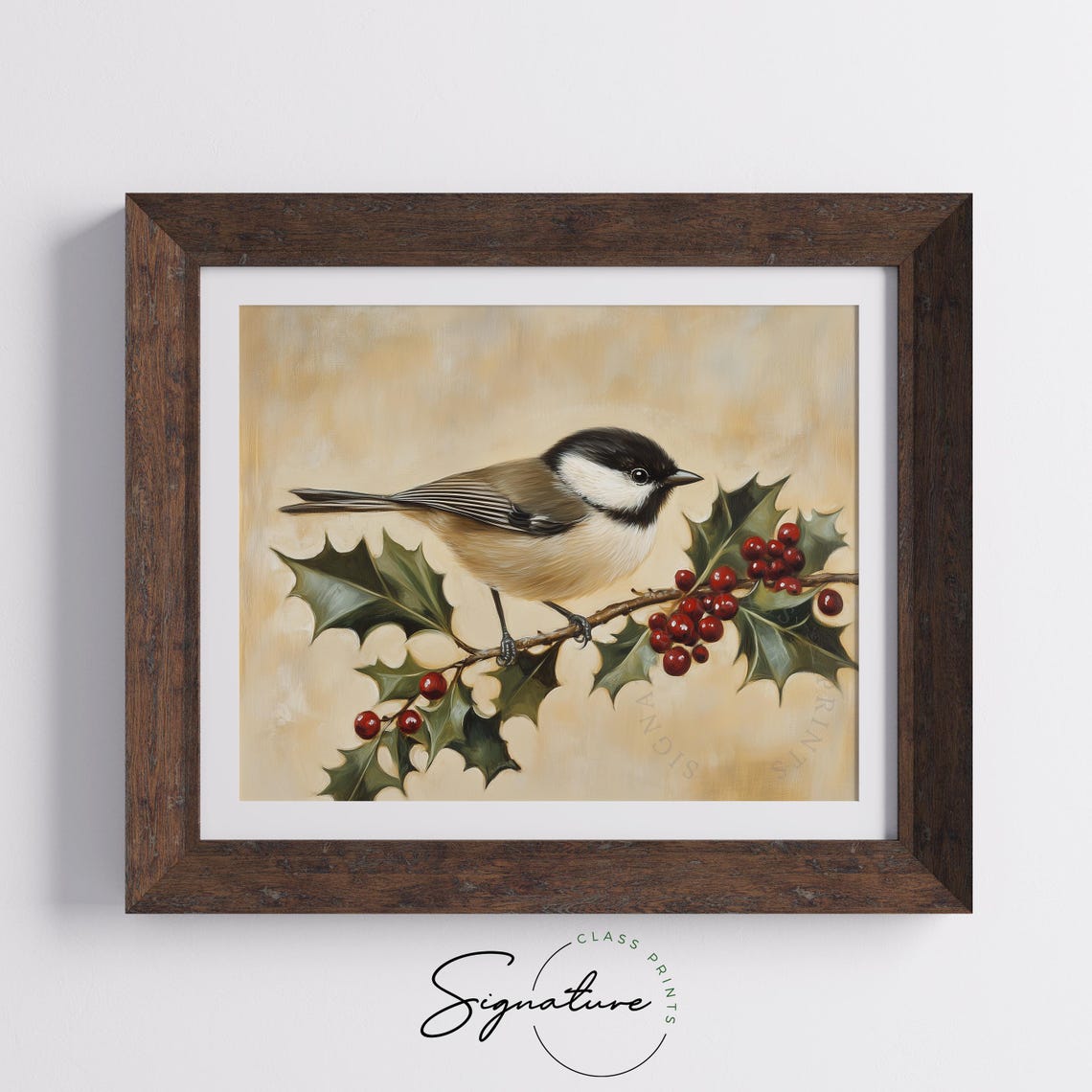 Black Capped Chickadee On Holly And Berries Vintage Bird Print - Image 4