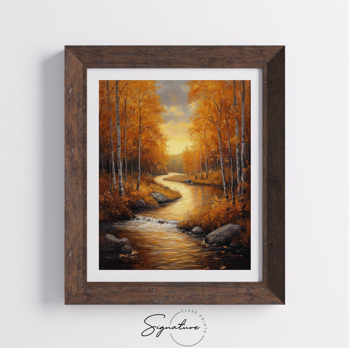 Autumn Birch Forest River Painting Golden Sunset Fall Landscape Poster - Image 4