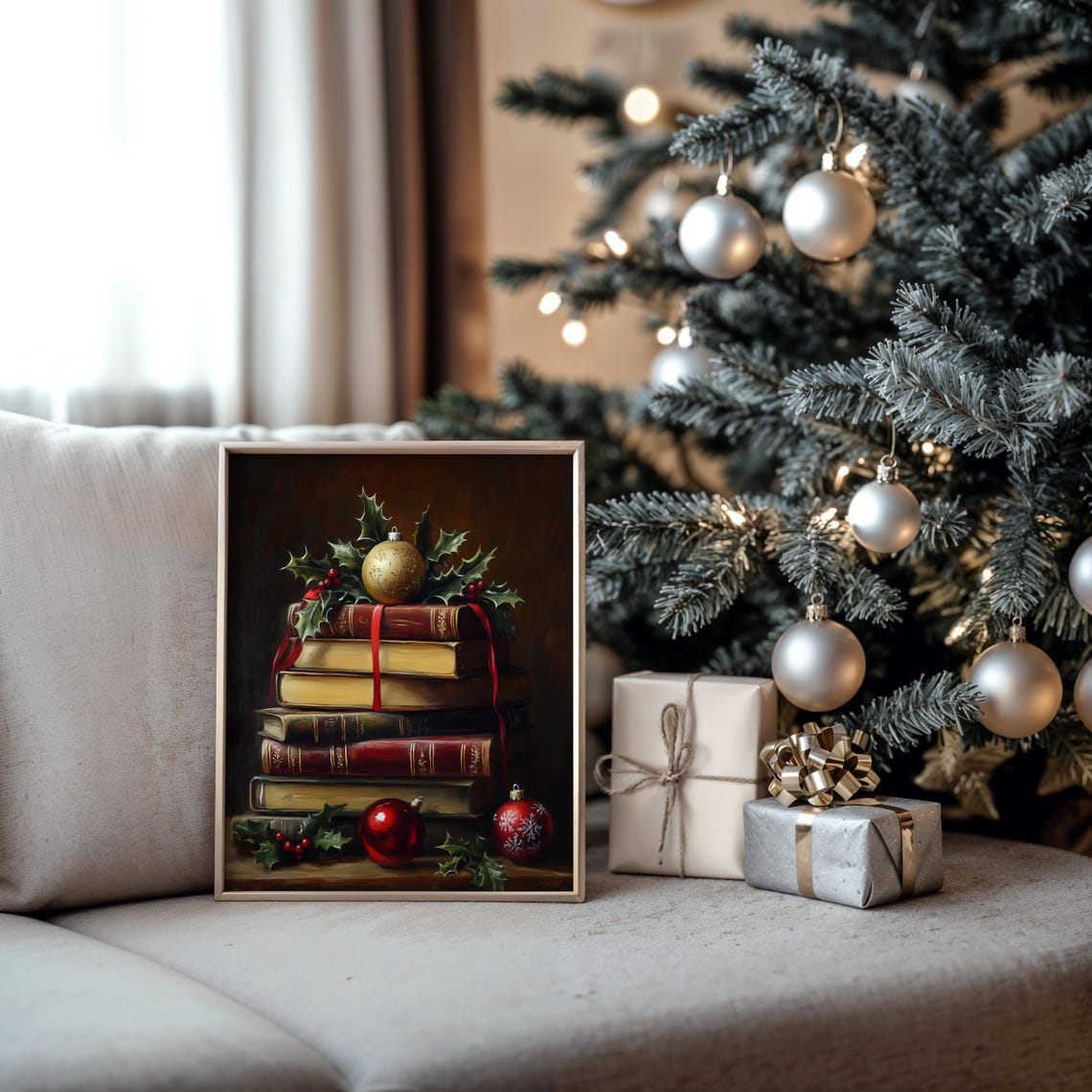 Stack of Vintage Books with Holly and Ornaments Christmas Print - Image 5