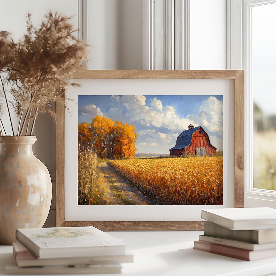 Red Barn Cornfield Autumn Treeline Dirt Path Harvest Scene Poster - Image 3
