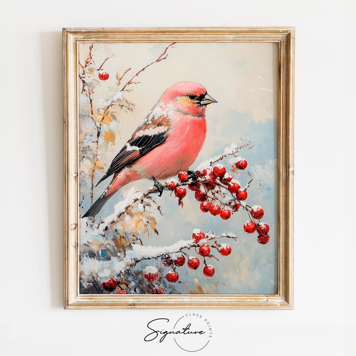 Pine Grosbeak On Snowy Berry Branch Rosy Winter Bird Art Poster