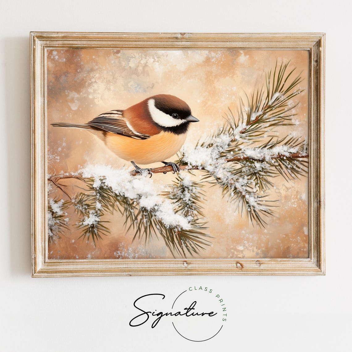 Chickadee Perched on a Snowy Pine Branch Vintage Winter Poster