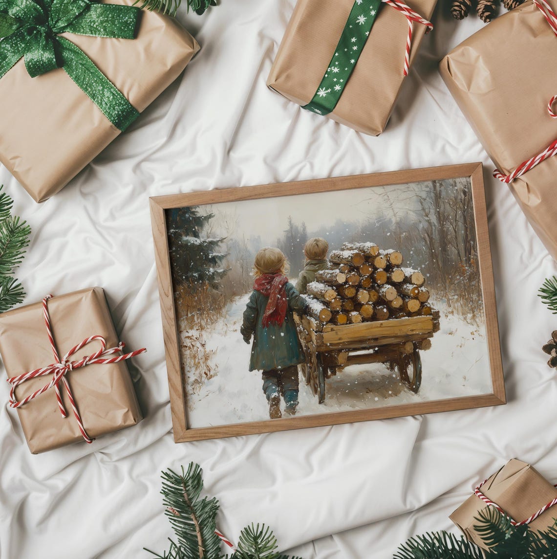 Two Children Pulling Firewood Wagon Through Falling Snow Poster - Image 2