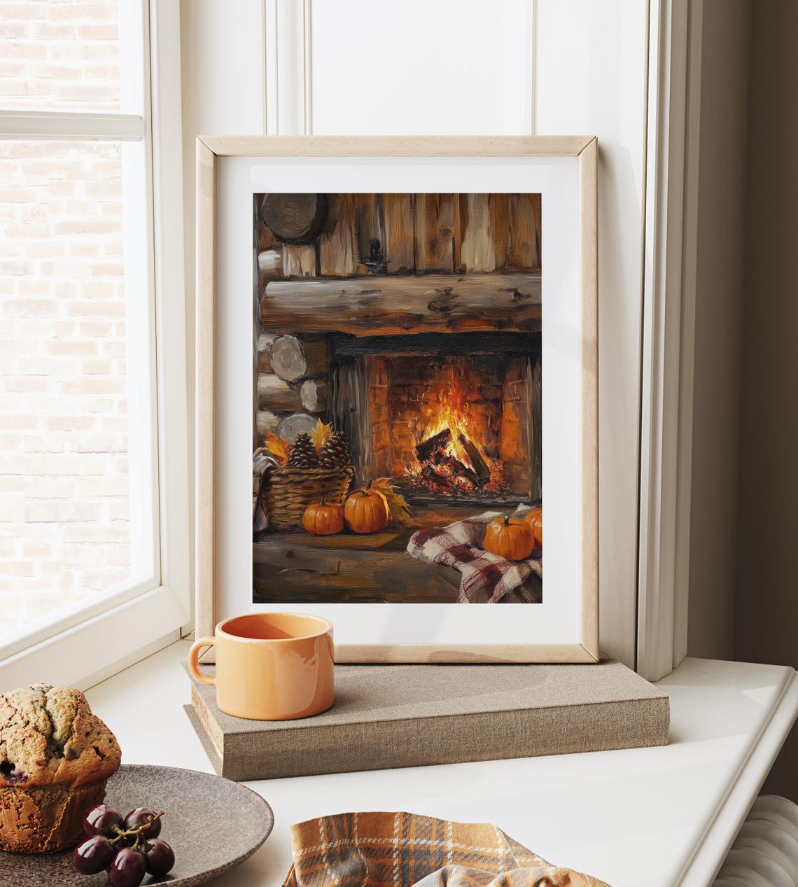 Cozy Log Cabin Fireplace with Pumpkins and a Pinecone Basket Poster - Image 6