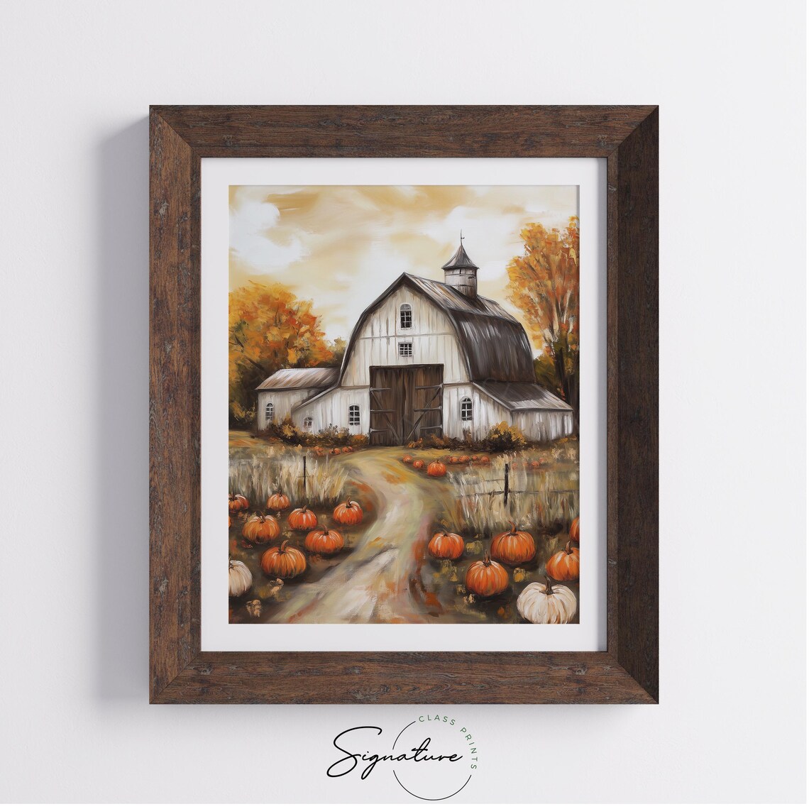 White Barn Surrounded by Pumpkins on Winding Farm Lane in Autumn Wall Art - Image 4