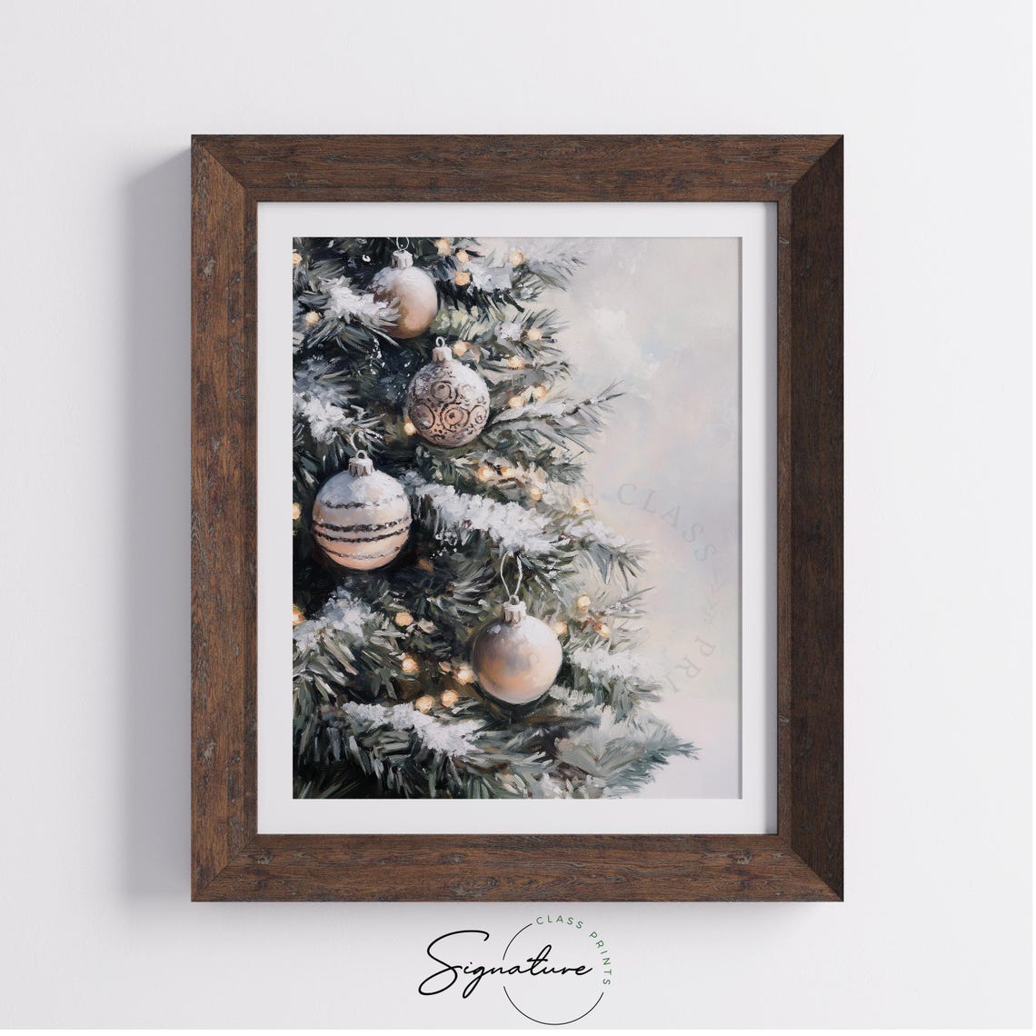 Blush Ornaments On Snowy Christmas Tree Branches Close Up Poster - Image 3