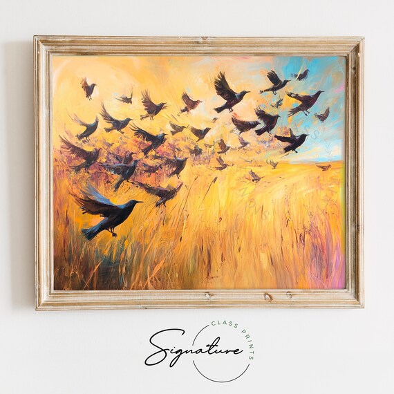 Starling Flock Flying Over Golden Meadow At Sunset Art Poster