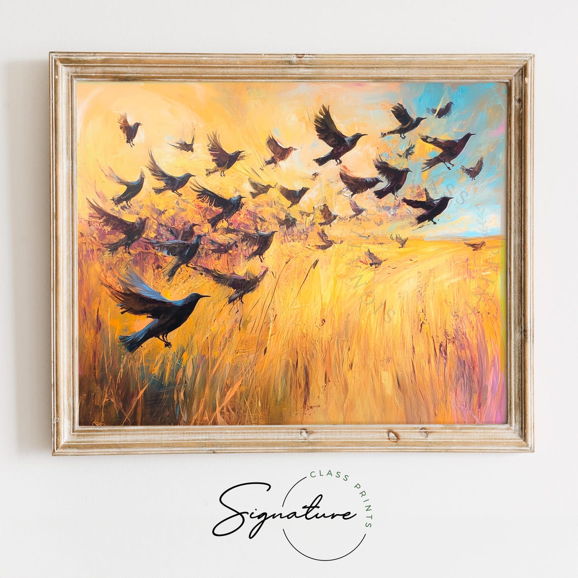 Starling Flock Flying Over Golden Meadow At Sunset Art Poster