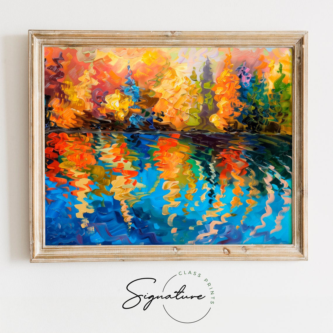 Fiery Autumn Trees Reflected In Deep Blue Lake Impasto Oil Poster