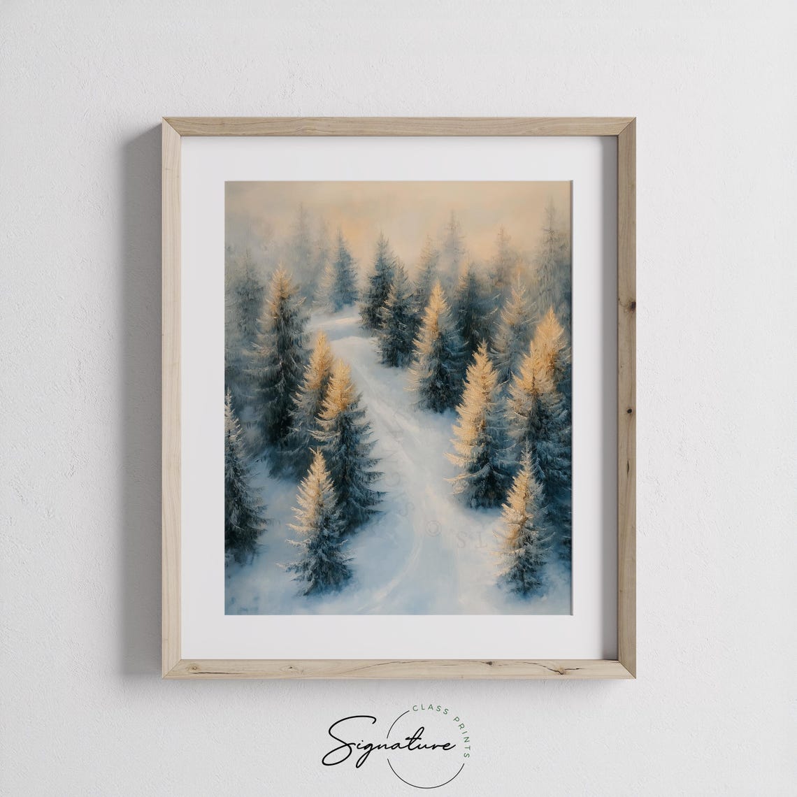 Sunlit Snowy Pine Forest Trail in Blue and Gold Winter Poster - Image 2
