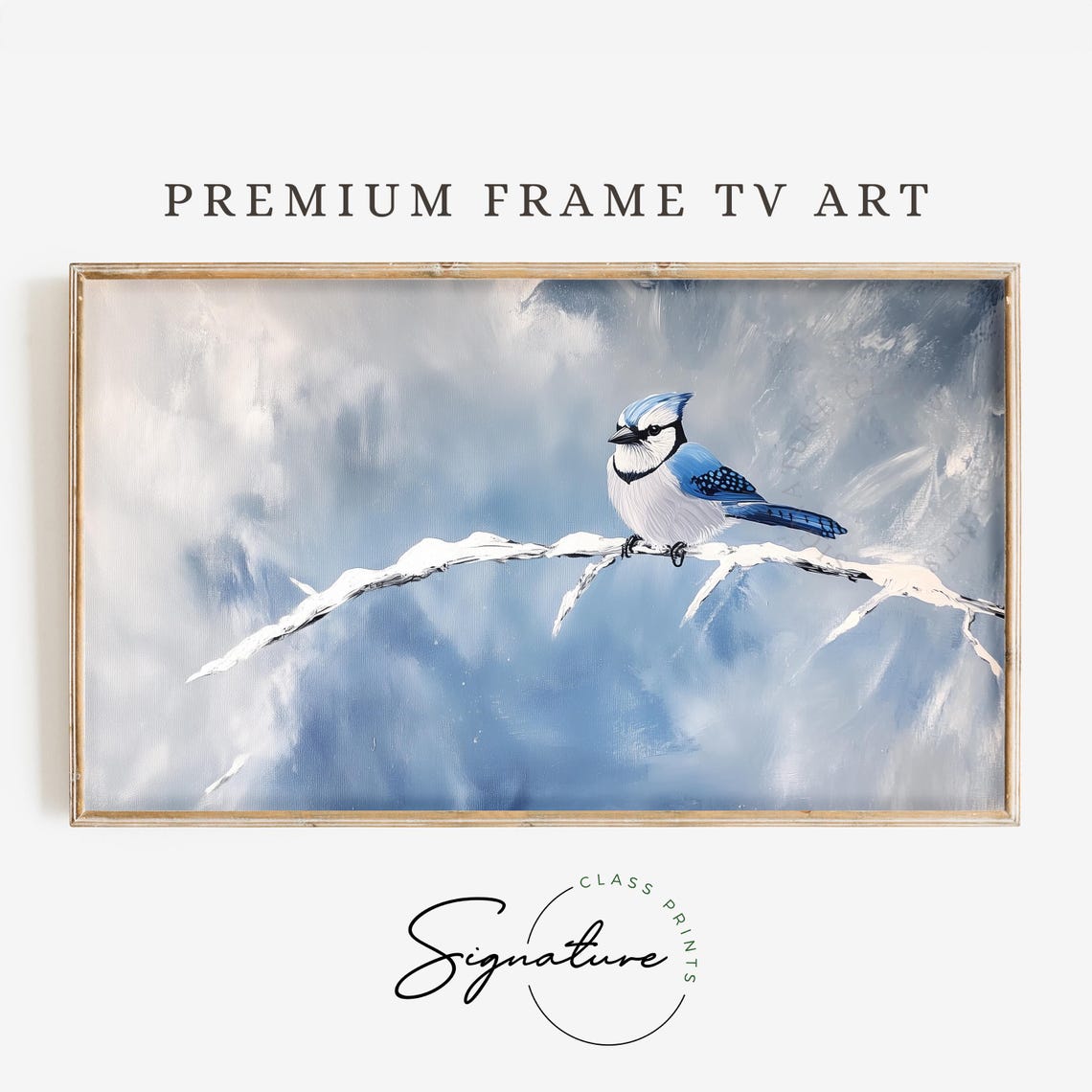 Blue Jay on Snowy Twig Under Moody Blue Winter Sky Bird Poster