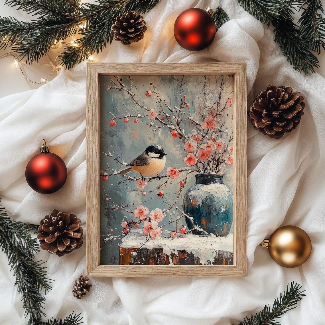Chickadee Perched on Pink Blossom Branch Winter Oil Painting Print - Image 4