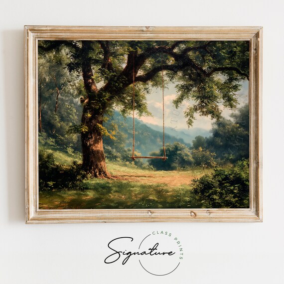 Wooden Tree Swing Overlooking Green Valley Vintage Landscape Oil Poster